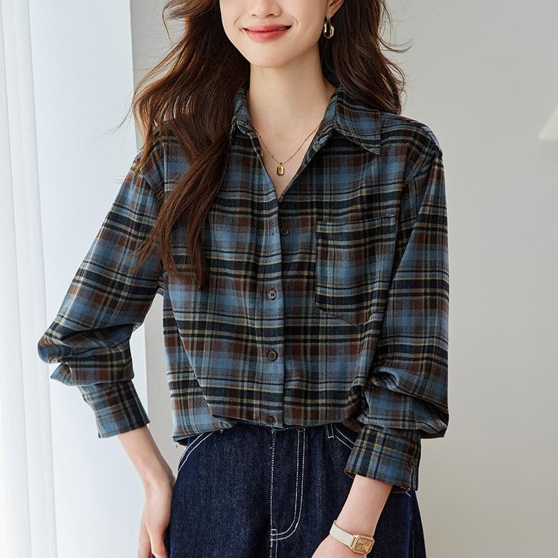 Sausage Dog Plaid Shirt for Women Long-sleeved Spring and Autumn Clothes New Style Hong Kong Style Retro Top