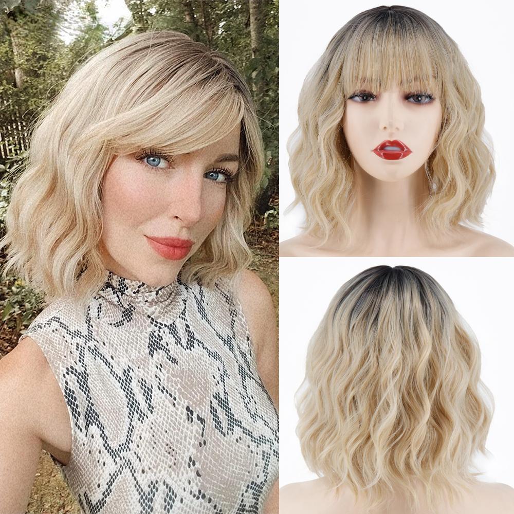 MERISIHAIR Brązowe krótkie peruki Bob Wave z grzywką Blond dla kobiet Naturalne odporne na ciepło syntetyczne peruki Codzienne noszenie Cosplay Kręcone włosy