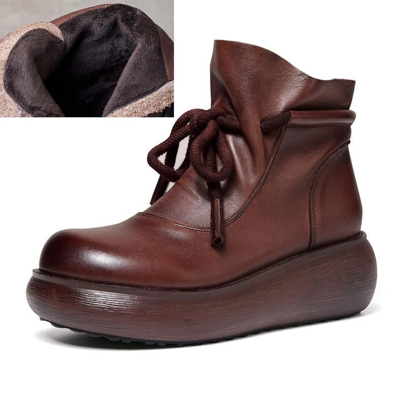 Johnature Genuine Leather Thick Soled Women's Wedges Short Boots Vintage Women's Platform Shoes