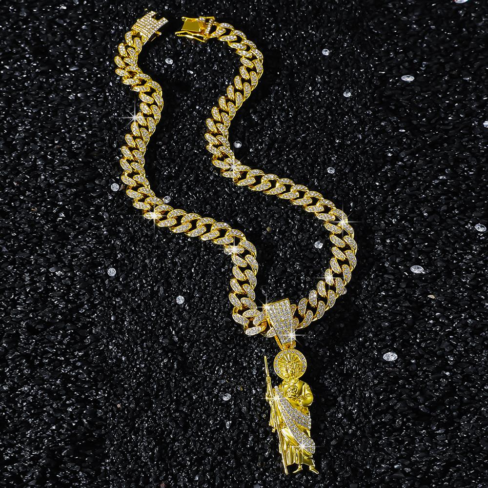 Hip Hop Men Bling Iced Out Crystal Miami Cuban Link Necklace For Women San Judas 13mm Cuban Chain Religious Jewelry Pendant Gift