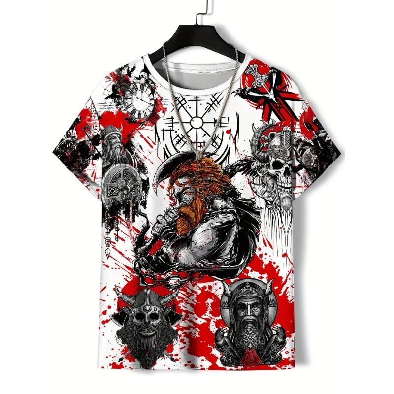 Men's T Shirt Casual Short Sleeve Tee O Neck Pullover Viking Harajuku Print Funny T-Shirt Male Oversized Clothing Streetwear