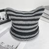 Autumn-Winter Striped Woolen Hat with Cute Cat Ears - Fashionable, Versatile Devil Design.