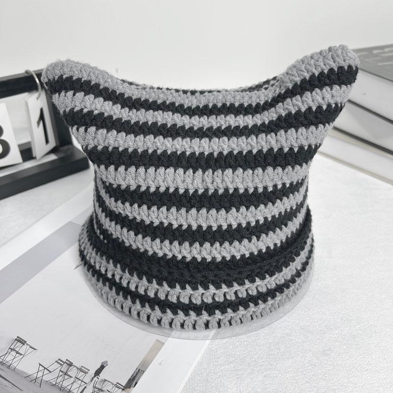 Autumn-Winter Striped Woolen Hat with Cute Cat Ears - Fashionable, Versatile Devil Design.
