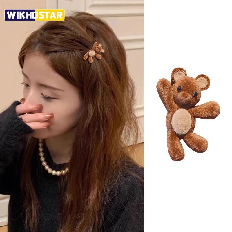 Urocza metalowa spinka do włosów z flokowanym kreskówkowym misiem dla kobiet dziewcząt słodka ozdoba do włosów klips boczny wsuwka modne akcesoria do włosów.