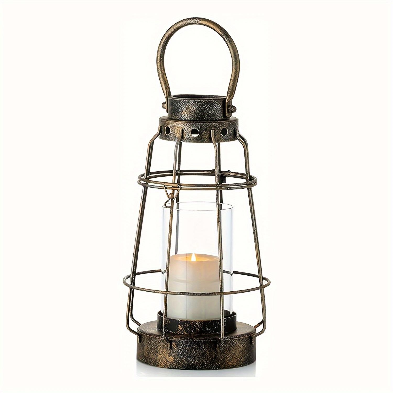 1Pc Vintage Candle Lantern, Decorative Item With Handle, Rustic Portable Pillar Candle Holder, With Glass And Wrought Iron Farmhouse Lantern 1Pc