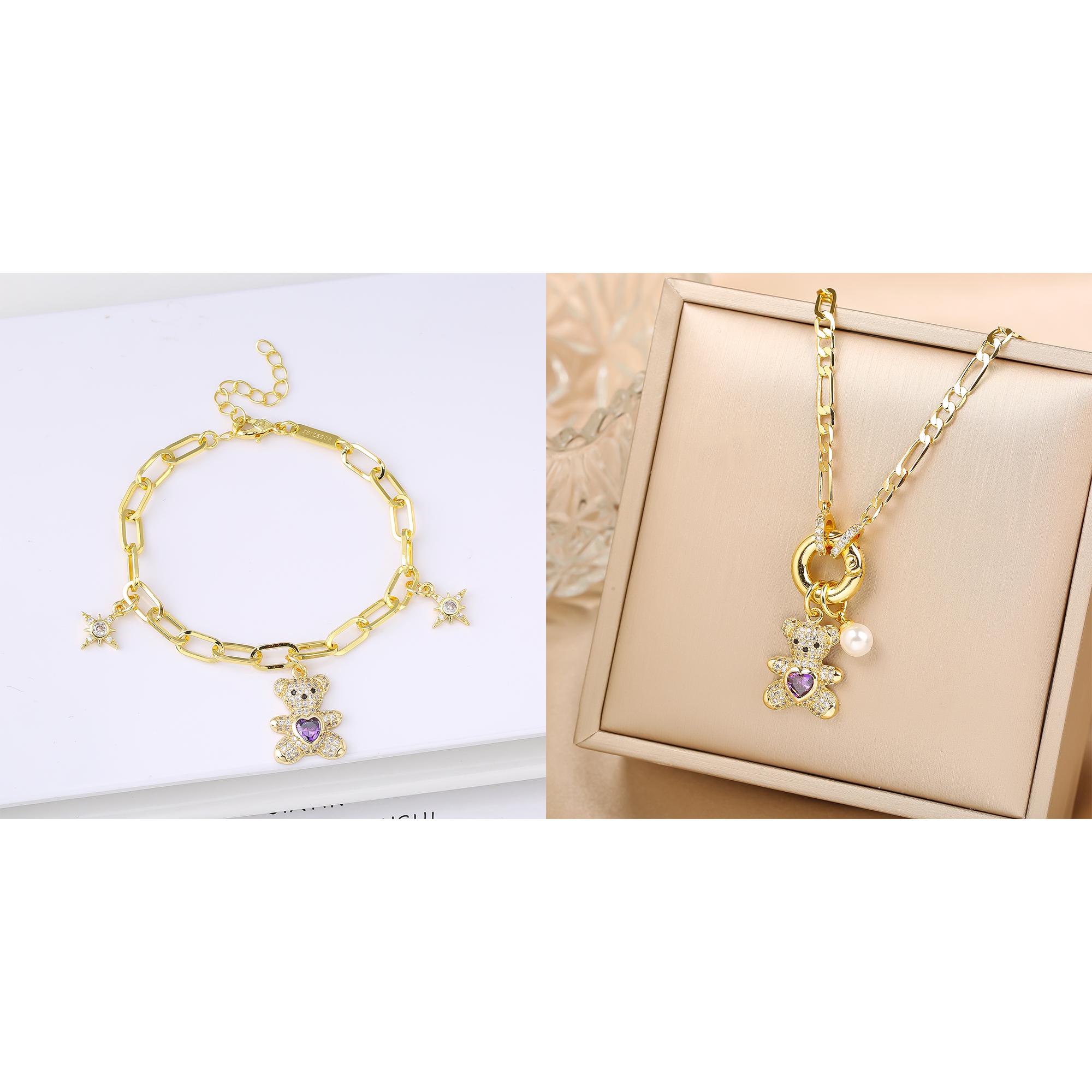 

Hot Sale 2PCS Animal Bear Zirconia Bracelet Zircon Necklace Set for Women Female Daily Party Crystal Zircon Girl Gift