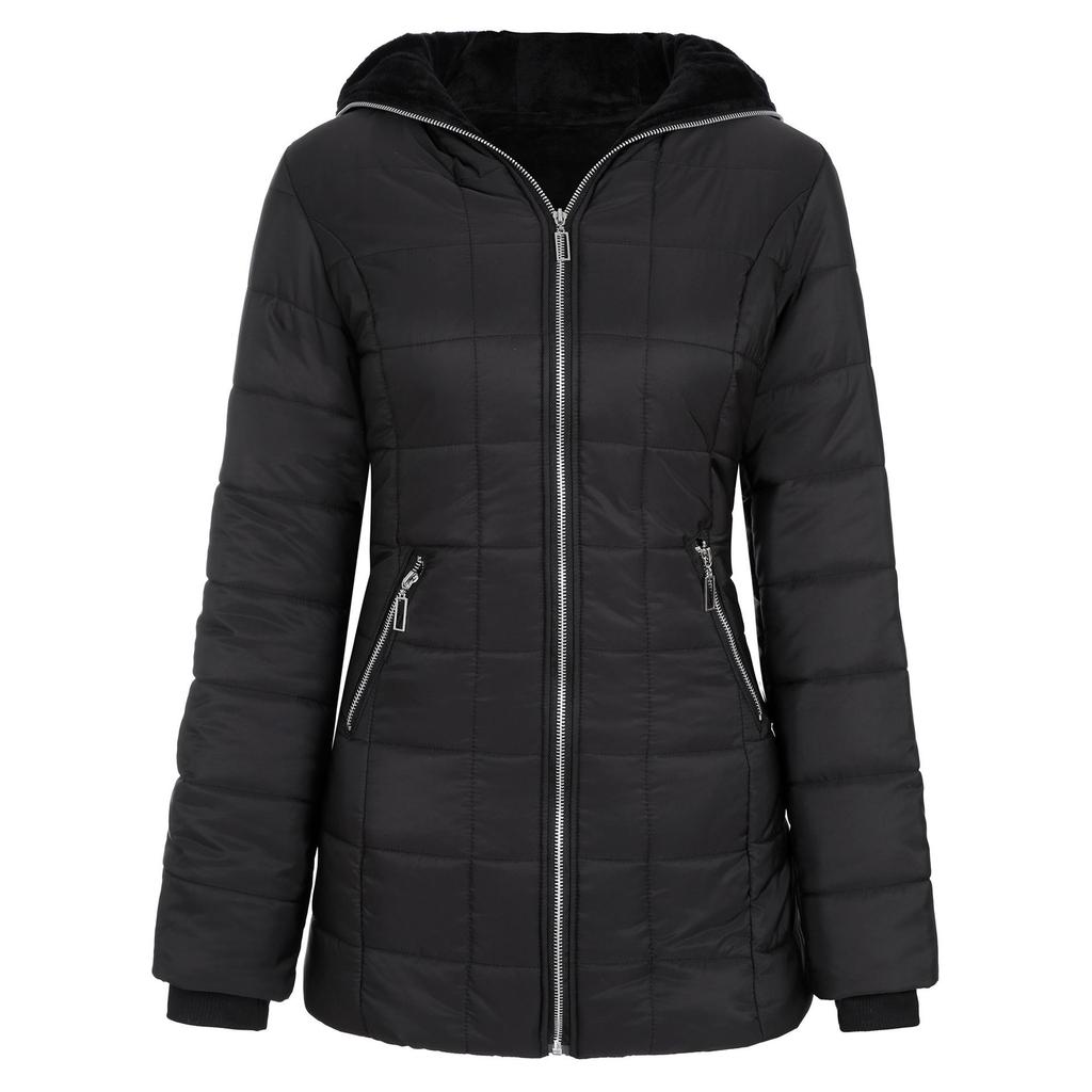 Women's Hooded Long Sleeve Zipper Jacket with Velvet Lining (Winter, Mid-Length, Style 9988)