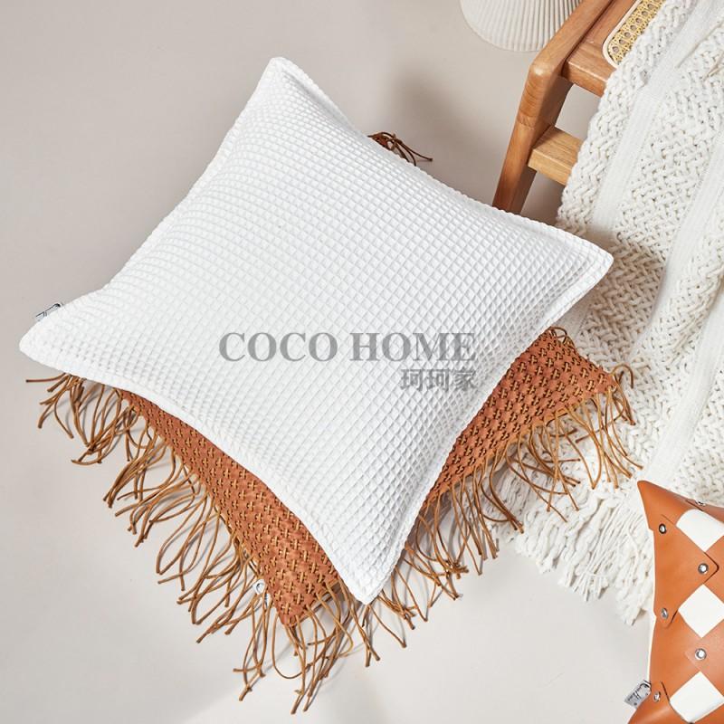Modern Orange Leather Accent Pillow With Tassel Trim Geometric Decorative Cushion Cover Living Room Bedroom Sofa