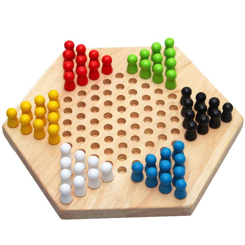 Wooden Hexagonal Jump Checkers Kids Parent Interactive Tabletop Board Game