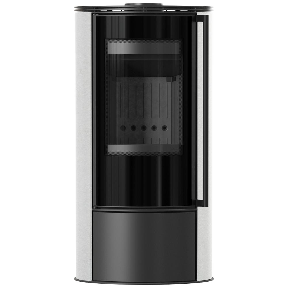 Holzofen Stahl KRATKI ERIK Ø 150 5,5 kW dekorative Keramik WEISS SATIN schwarz Thermotec selbstschließende Tür