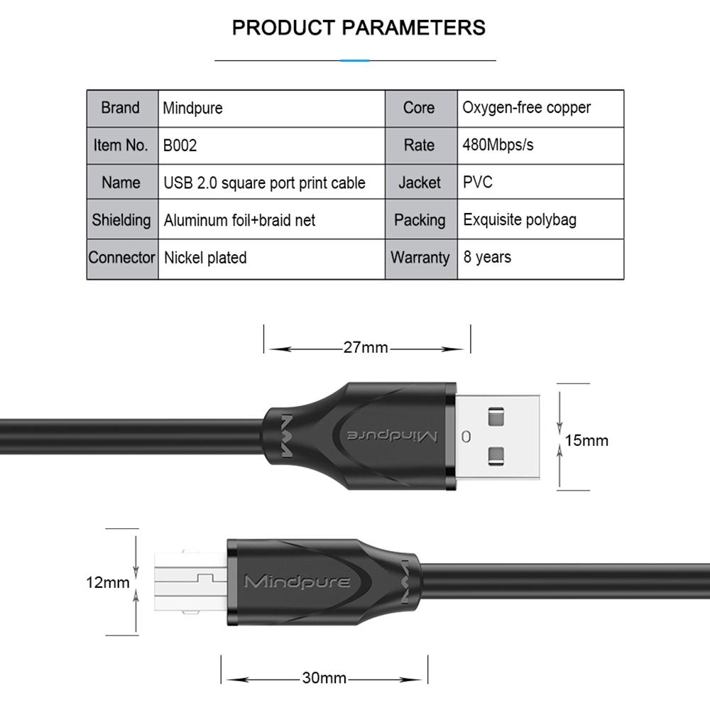 MINDPURE US002 1m USB2.0 Male to Square USB Type-B Male Printer Cable Computer Printing Connection Cord