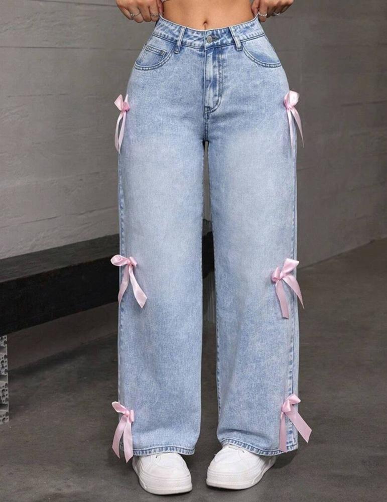 Women's High Rise Wide Leg Jeans Loose Non Stretch Light Wash Denim Trousers Y2K Pink Bow Decor Straight Floor Length Streetwear Casual Long Pants