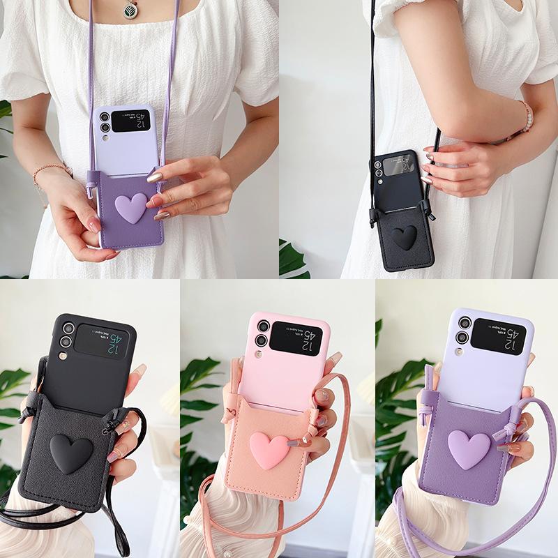 Crossbody Lanyard Necklace Strap 3D Love Case for Samsung Galaxy Z Flip 5 4 3 Flip5 Flip4 Flip3 5G Card Holder Leather Cover