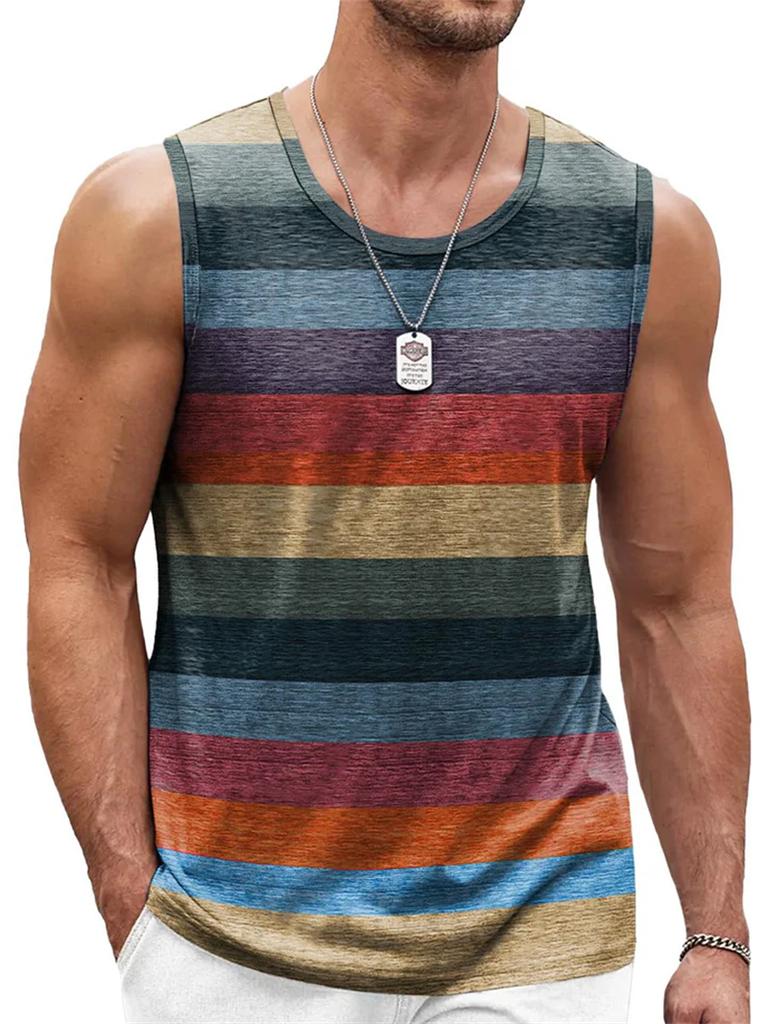 Canottiere Grafiche a Strisce Retro da Uomo Moda Casual Estive Senza Maniche Gilet Stampato 3D Largo Girocollo Magliette Sportive Asciugatura Rapida