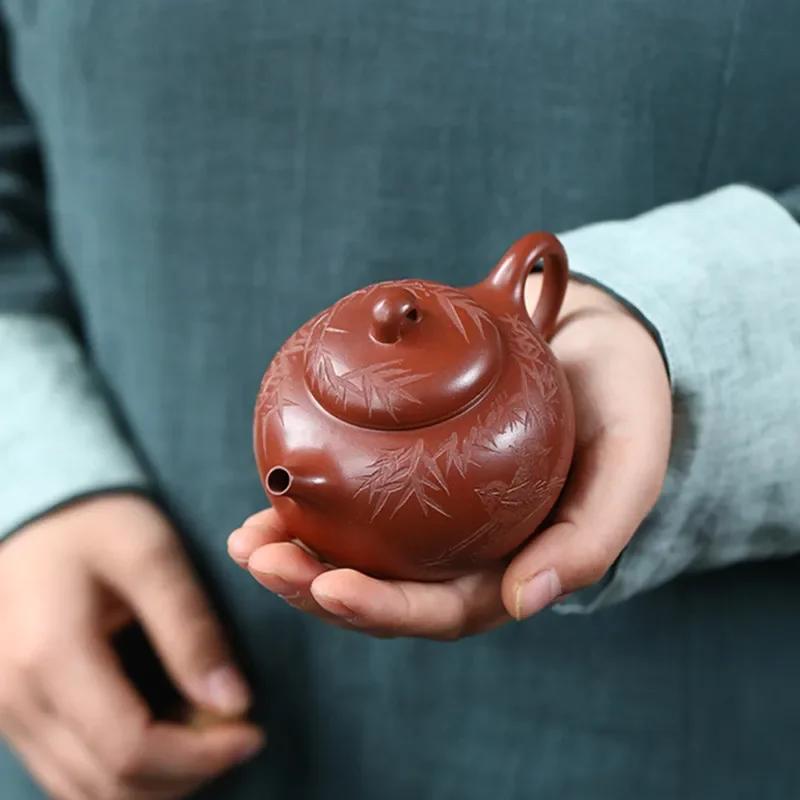 180ml Yixing Purple Clay Teapot Kettle Master Hand-carved Bird Bamboo Leaf Tea Pot Tea Infuser Chinese Handmade Zisha Tea Set