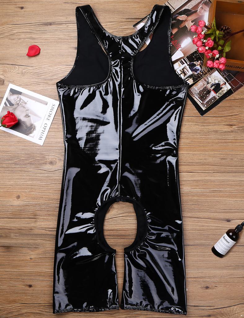 Sexy Men One-piece Tight Crotchless Underwear Shiny Leather Wrestling Singlet Jockstrap Bodysuit Swimwear