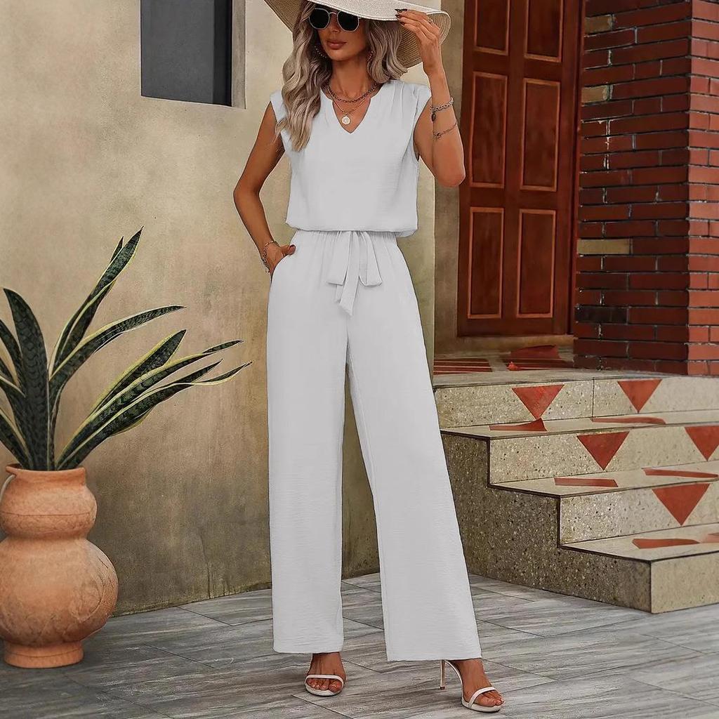 Sommer 2025 American Beauty Ärmelloses V-Ausschnitt-Top + Weitbein-Hose mit Kordelzug Lässiges Set