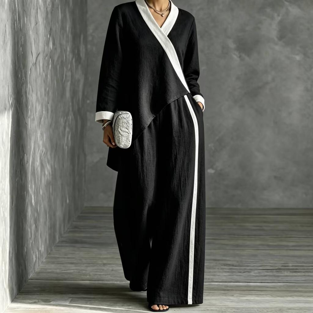 2026 Autumn Women's Clothing Popular Contrasting Color V-neck Irregular Top Wide-leg Pants Loose Casual Suit