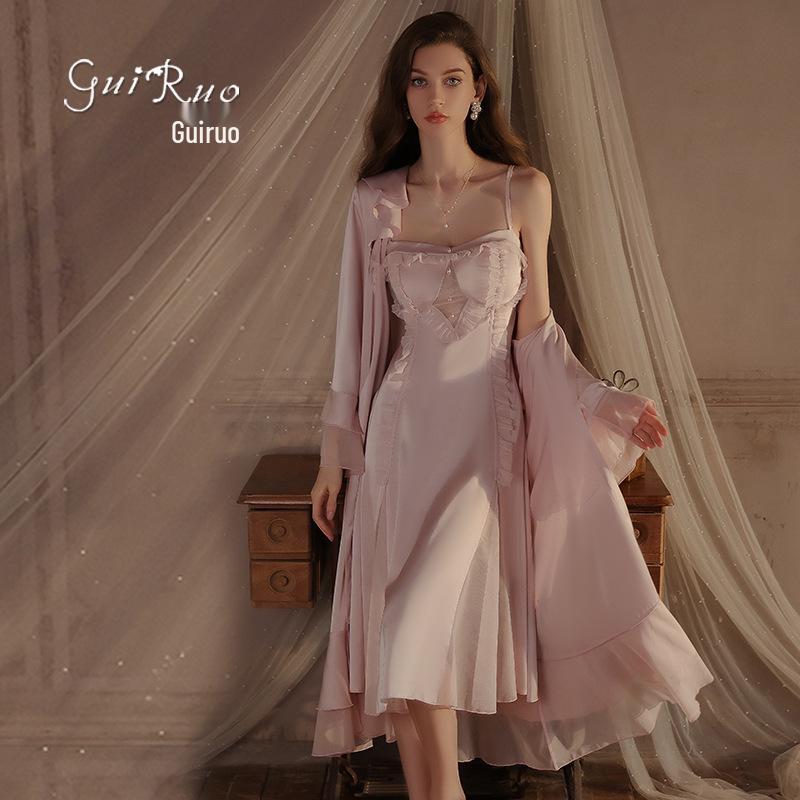 Rose Sweet Lingerie Set: Padded Camisole Dress with Tie-Front Robe