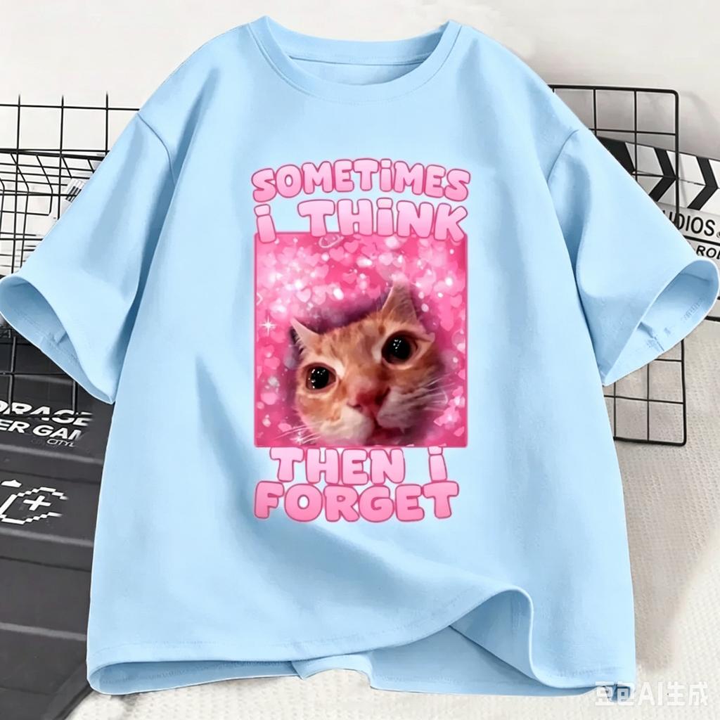 New Sometimes I Think Then I Forget Funny Cat Meme Shirt Adult and Kids Stupid Humor Cats T-shirt Fashion Short Sleeve Tops