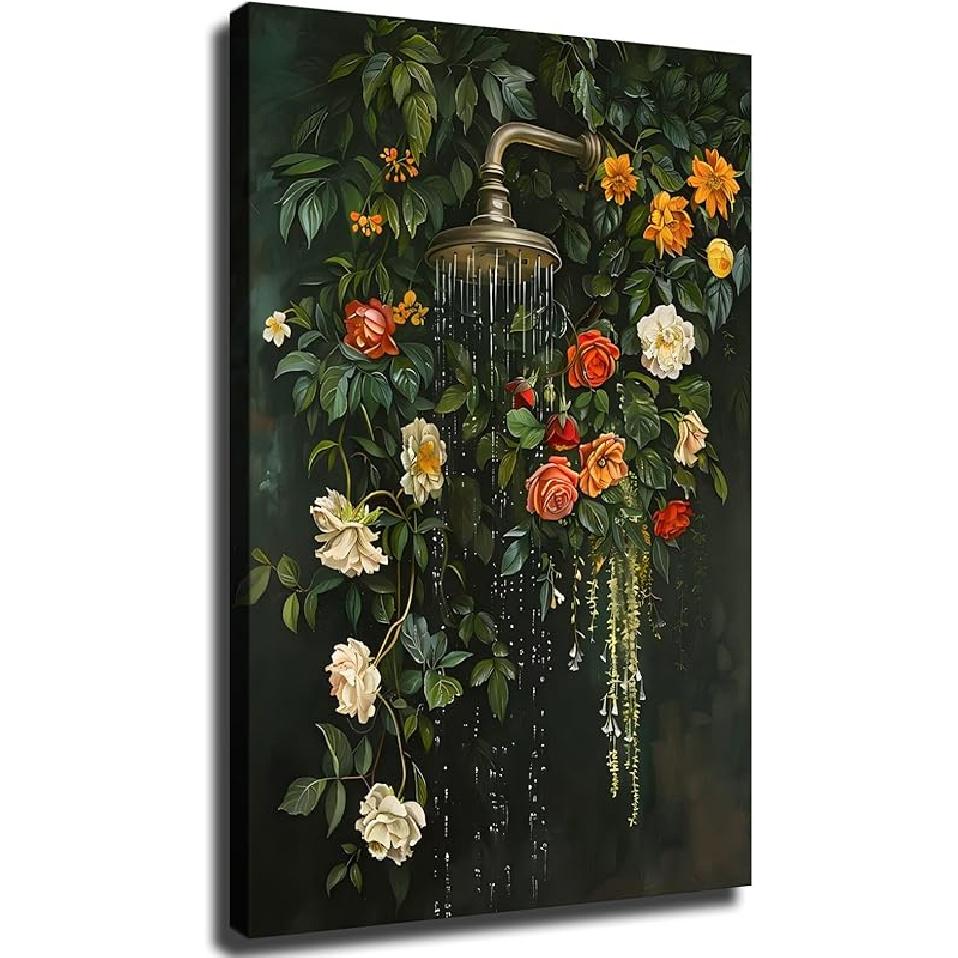 Botanical Bathroom Wall Art, Floral Bath Shower Wall Art, Cottagecore Decor, Dark Green Prints Laundry Room Decor, Moody Plants Flowers Painting for 12.6L  x 8.6W