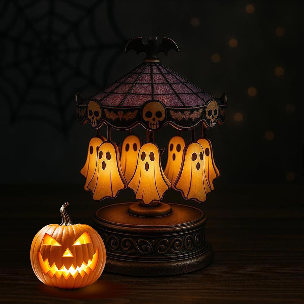 Party Light Up Ghost Carousel Rechargeable Halloween Spooky Carousel Lamp Decorations Floating Ghost Indoor Table Decor 19X1CM