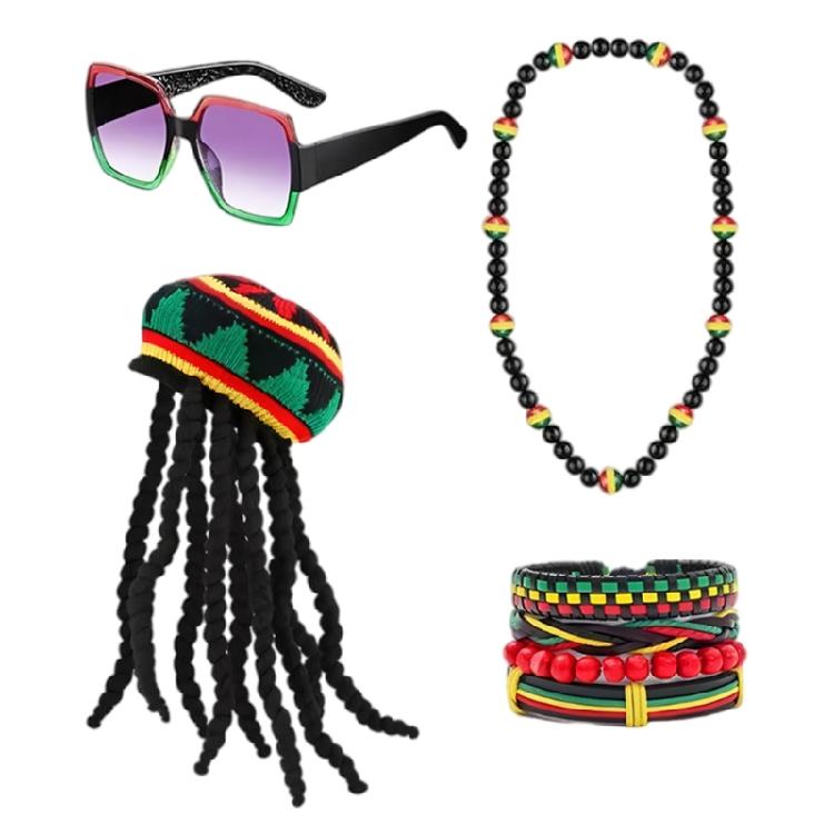 Rastafarian Women's Jewelry Set Juneteenth Jamaica African Accessories Headband,Sunglasses,Wood Dangle Earrings,Necklace