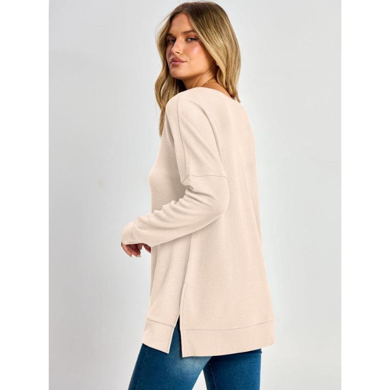 Women S V Neck Loose Long Sleeve Waffle Knit Solid T Shirt