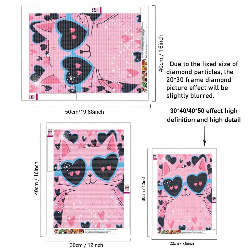 DIY 5D Diamond Painting Kit Pink Cat with Heart Glasses Full Drill Rhinestone Canvas Relaxing Craft for Home Wall Decor Gift and Art Project