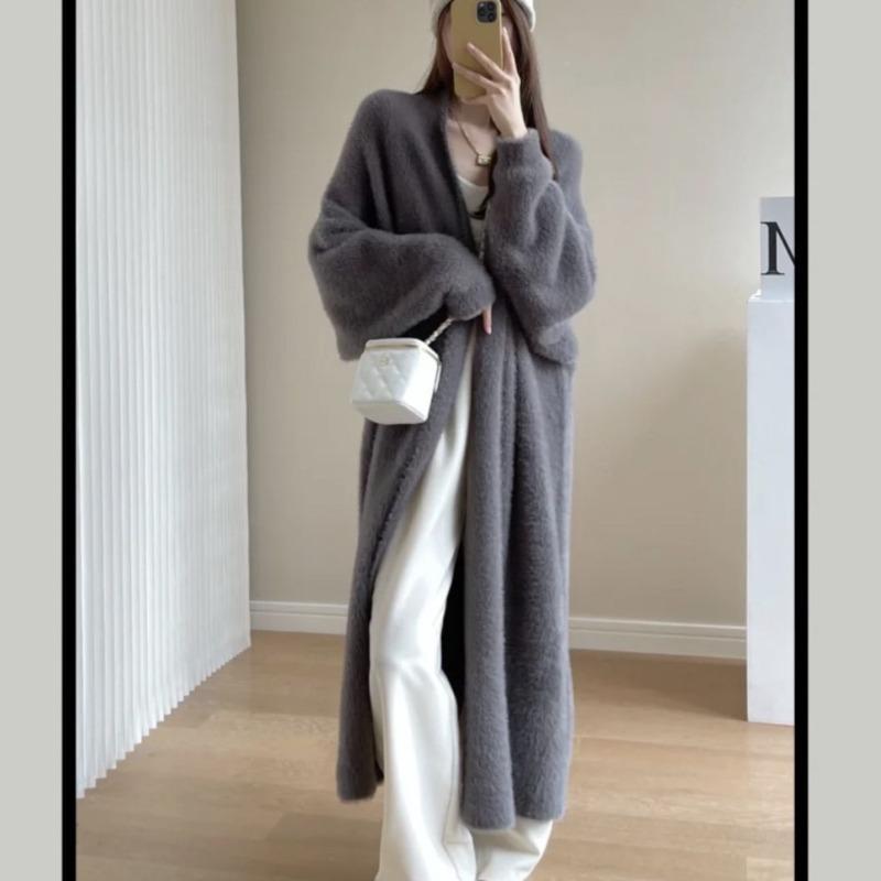 Lazy wind long knee anti-mink sweater jacket women's clothing autumn and winter new large size loose knitted cardigan