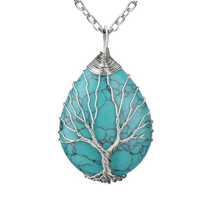

Handmade Copper Wire Silver Wound Water Drop Natural Stone Necklace, Tree Of Life Necklace N518