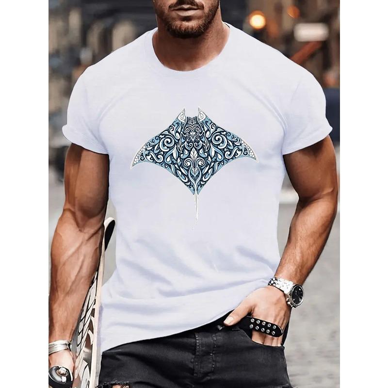 European Sizes Men's Tribal Manta Ray T-Shirt with Swirling Marine Motifs - Short Sleeve Summer Beachwear, Casual Round Neck Top,