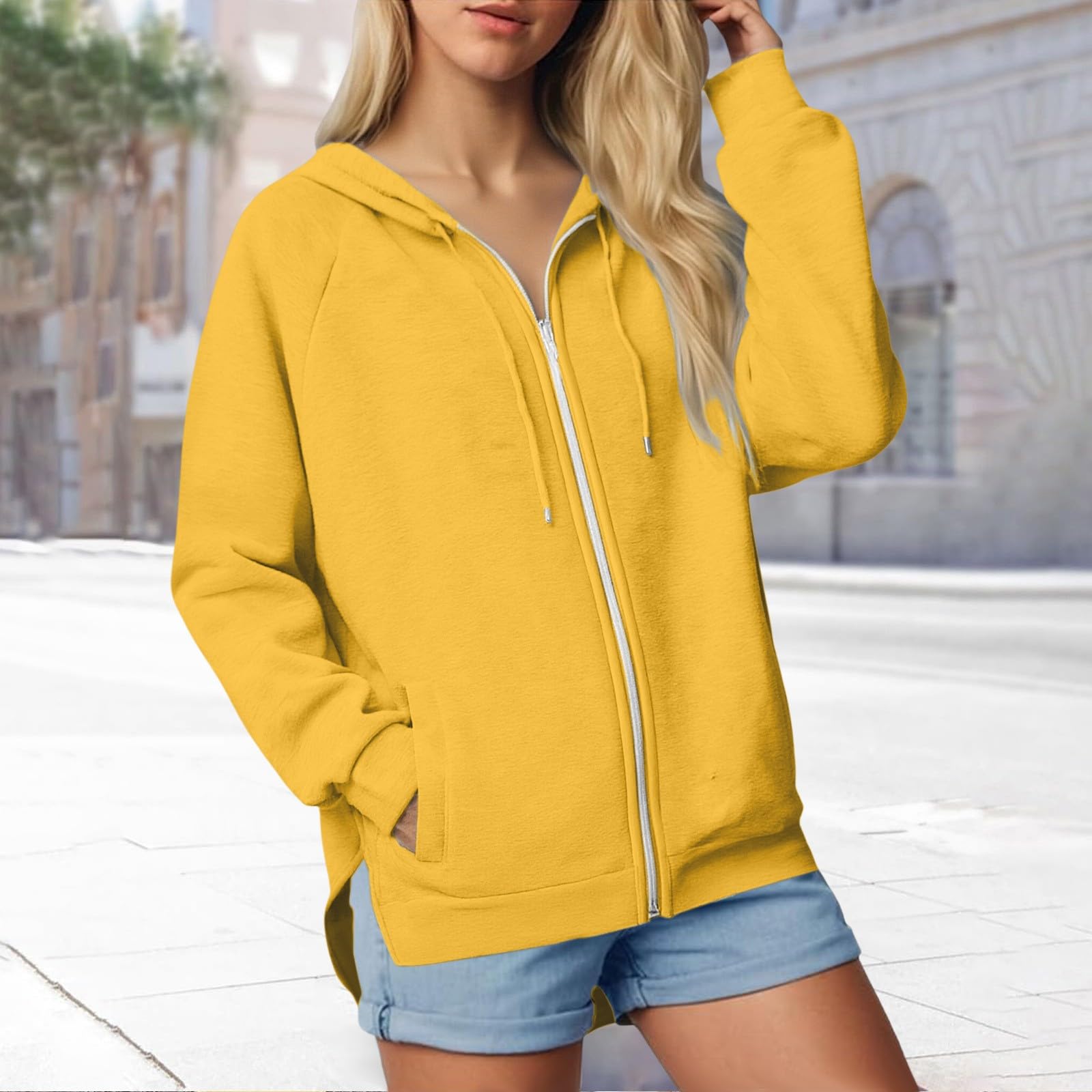 

Hoodies For Women Long Sleeve Casual Oversized Hooded Sweatshirts Fall Fleece Lined Tops Warm Winter Clothing XL жёлтый
