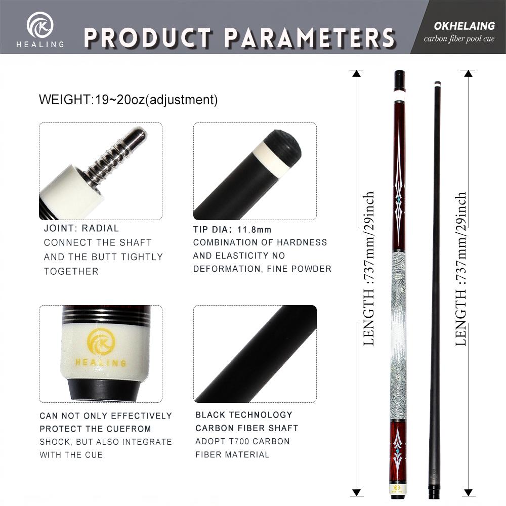 OKHEALING Karbonfaser Billard Queue Stick (Black Technology Geringe Durchbiegung Pro Taper Billard Queue 11,8 mm Spitze, 147 cm, Spiel Queue)