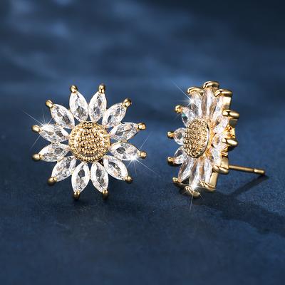 Luxury White Crystal Nut Women's Earrings with Gold Colored Jewelry Round Pendant Sunflower Earrings