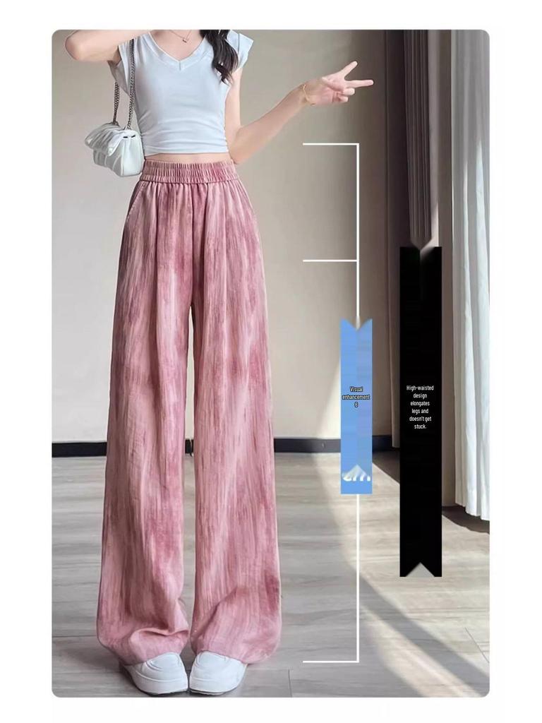 Damskie spodnie z lodowego jedwabiu tie-dye przeciw komarom - Letnie, z wysokim stanem, chroniące przed słońcem, Duże rozmiary, Codzienne, prosty krój.