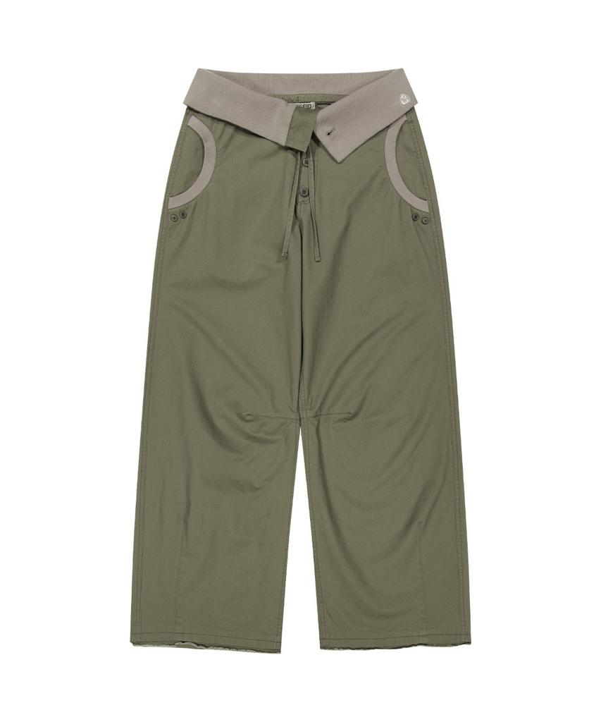 Women's Fold Waist Drawstring Cargo Wide Leg Pants Korean Coyseio Casual Straight Cotton Trousers