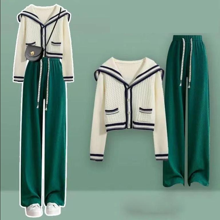 

Весна-Осень Трикотажный Женский Кардиган с Воротником Моряком, Эластичные Широкие Брюки, Спортивная Одежда, Комплект Из Двух Частей M синий/зелёный