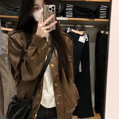 Lederjacke Damen Kurz Frühling und Herbst Neue Mode Einfach Ausländisch Vielseitig Lederjacke