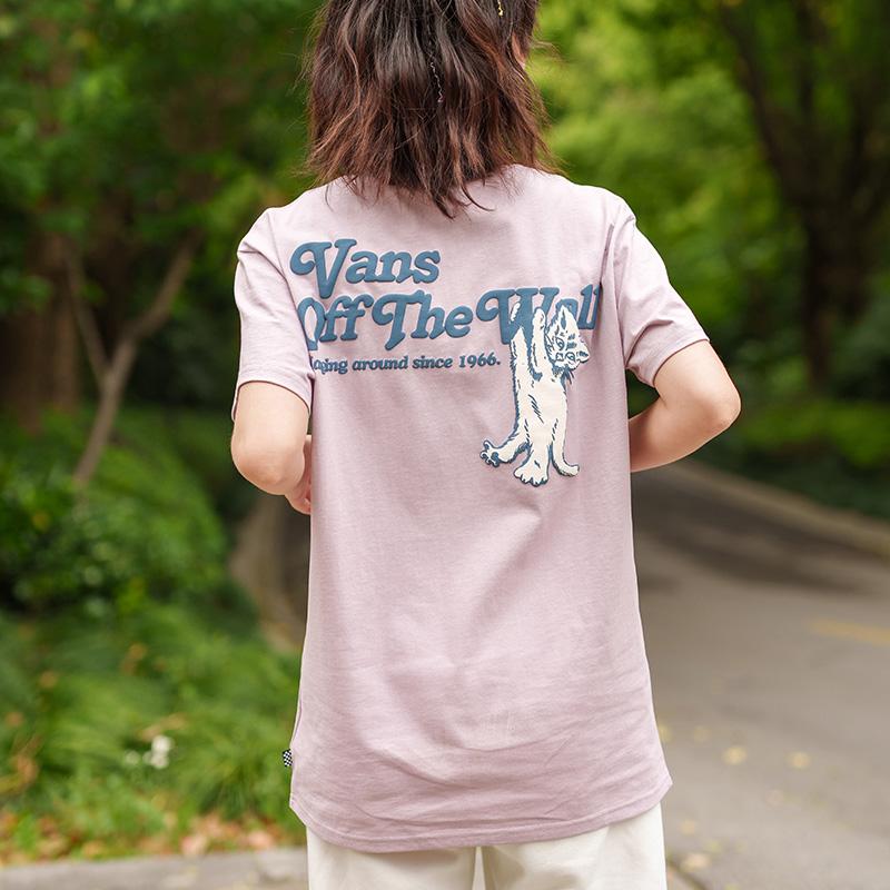 Vans Cat Print Round Neck Short Sleeve T-Shirt Women Tops Light-Purple VN0008ZJBLT