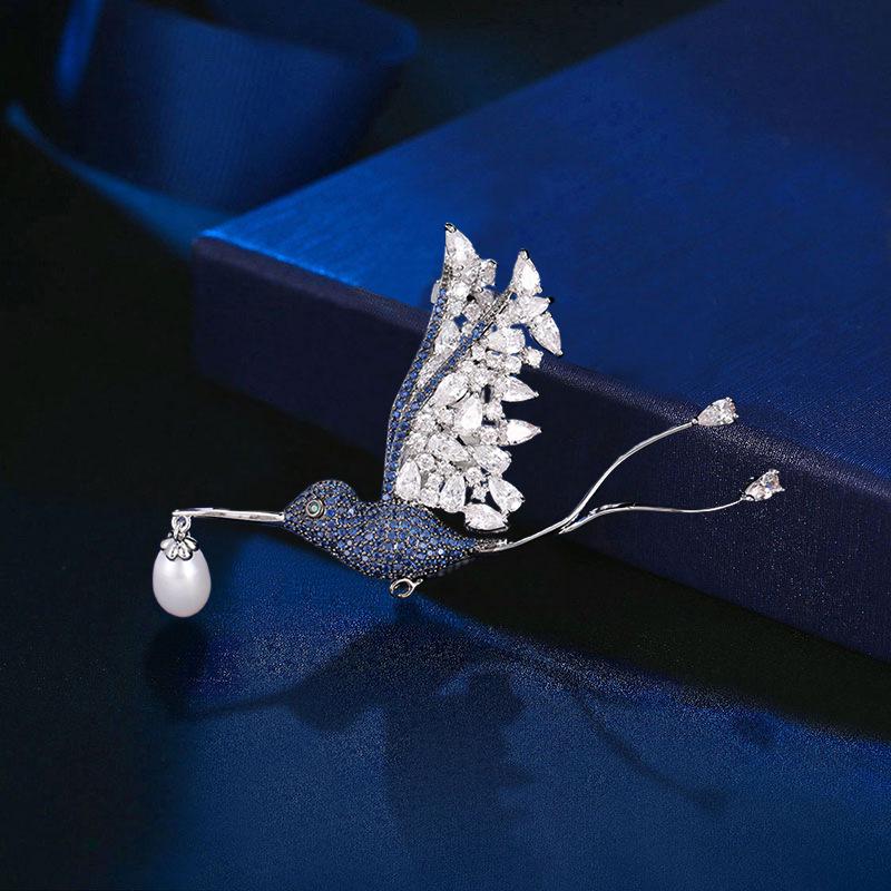 Hummingbird Brooch with Zircon & Freshwater Pearls - Unisex Pin Accessory