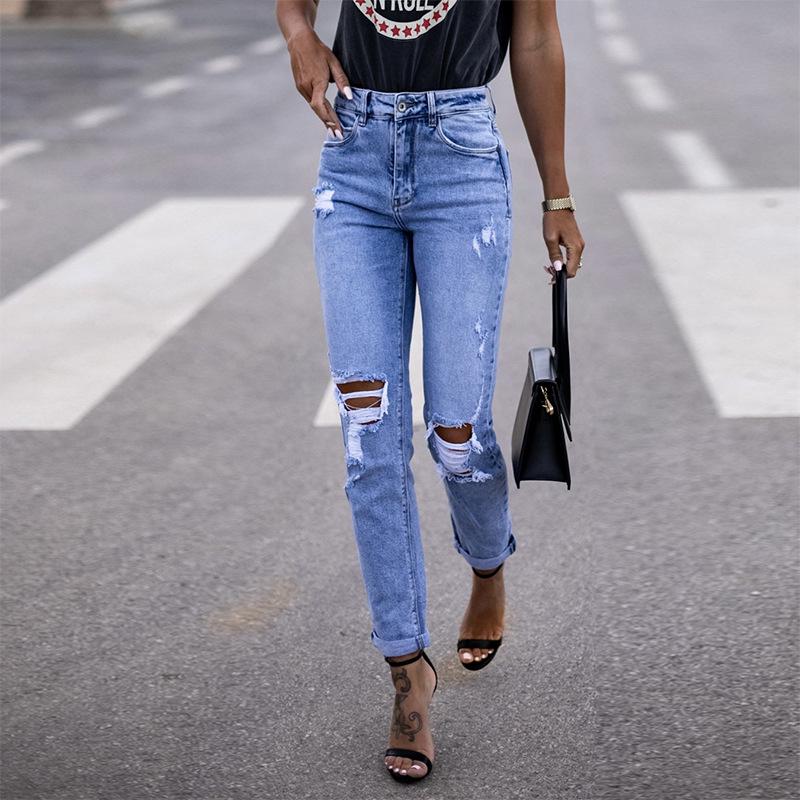 2025 Spring European & American High-Waisted Women s Slim Elastic Ripped Jeans Extra Large синий