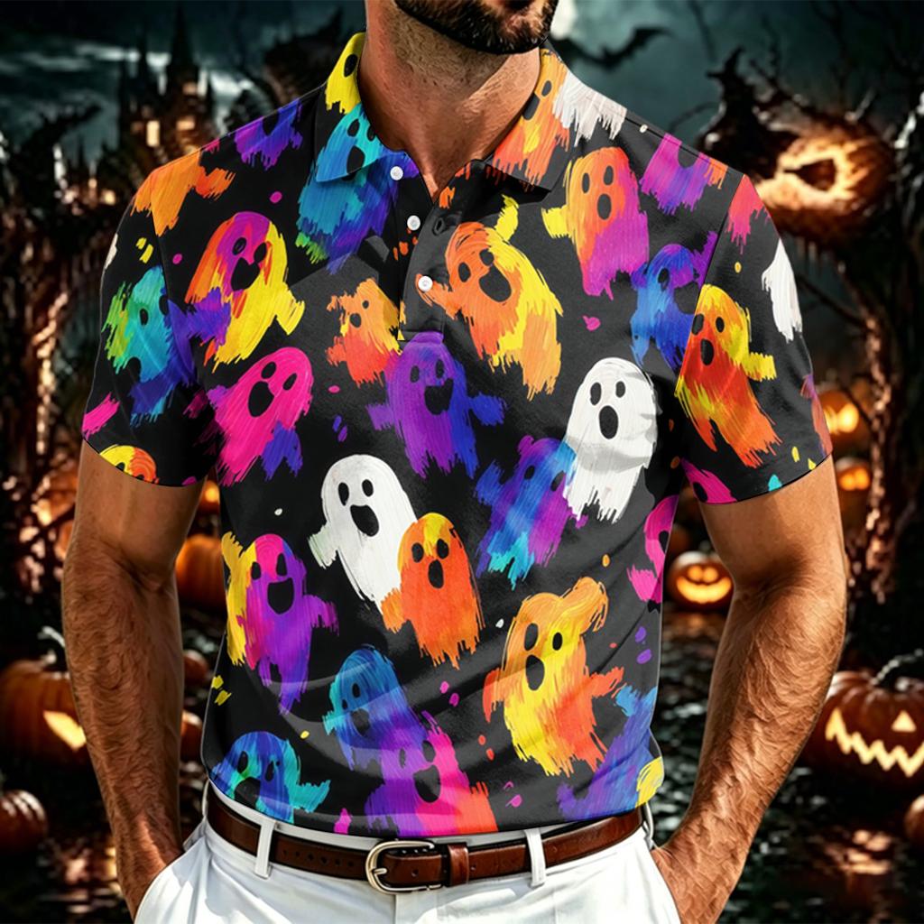 Men's Halloween Print Polo Shirt Lightweight Breathable Mesh Short Sleeve Collared Shirt Casual Summer Top