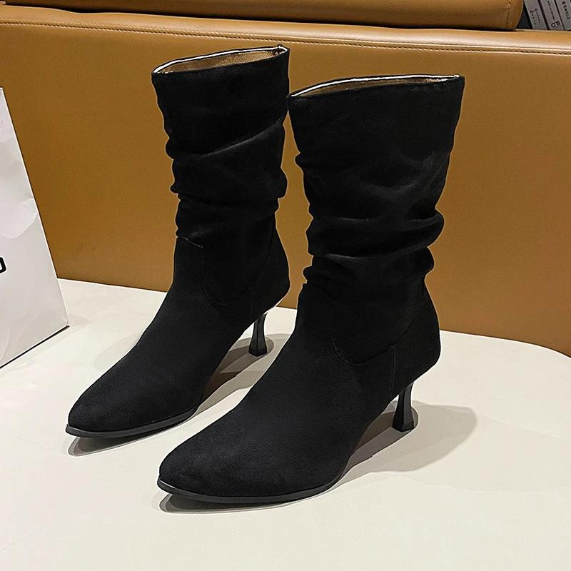 2024 Ladies Shoes Plus Size Knee-High Women's Boots Slip On Modern Boots Women Leopard Pleated Pointed Toe Thin Heel Shoes Women