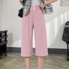 Summer Ice Silk Casual Pants Elastic Waist Pockets Cropped Pants Solid Color Wide Leg