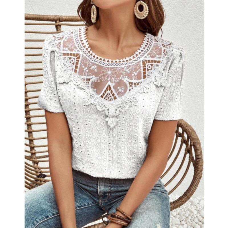 Sommer Neuer Stil Spitze Nähte Hohl Rundhals Einfarbig Kurzarm Hemd Top