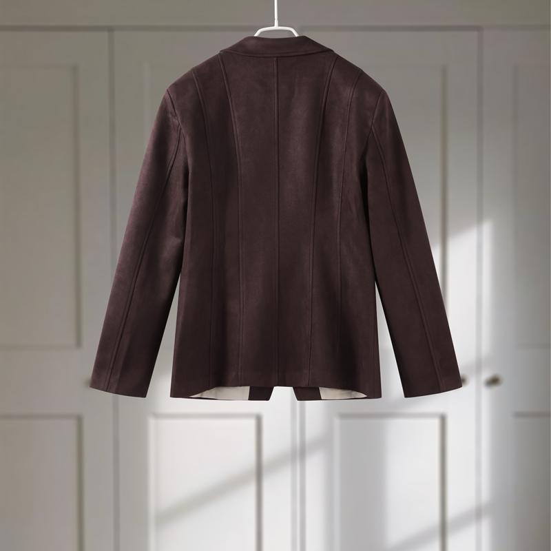 Dark Brown Suede Laplel Jacket Women's Warm Long Sleeve Commute Outerwear Retro British Style Temperament Jacket Autumn 2025