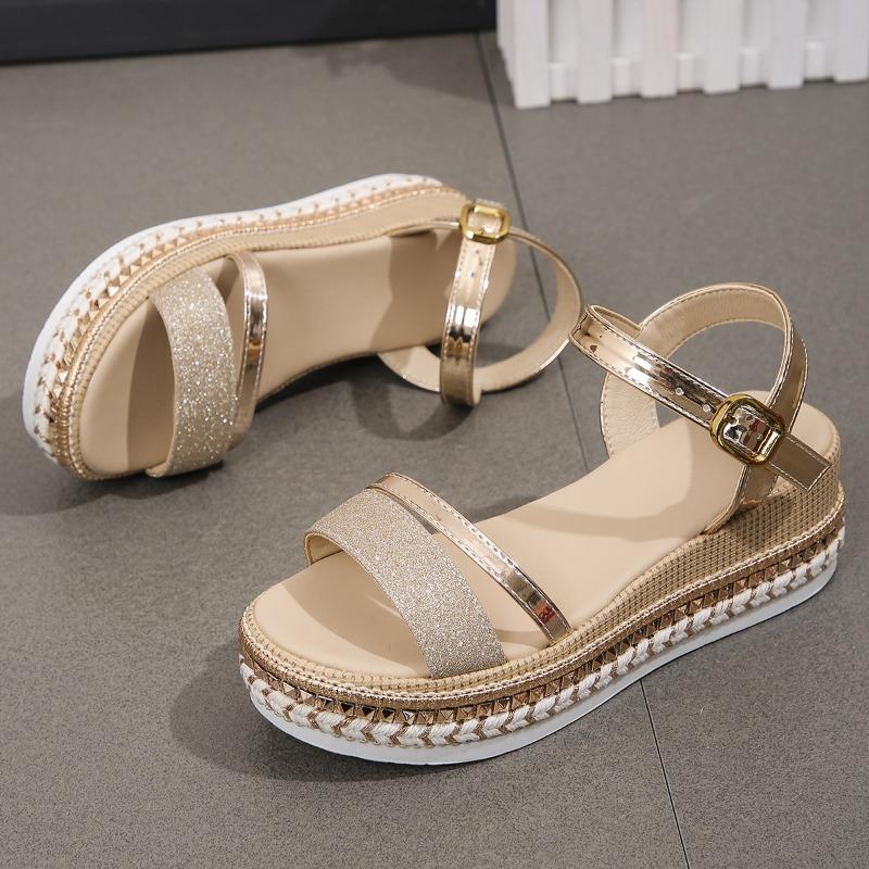 Spring and summer new rivet glossy wedge sandals women's one-word with buckle muffin thick-soled large-size women's sandals