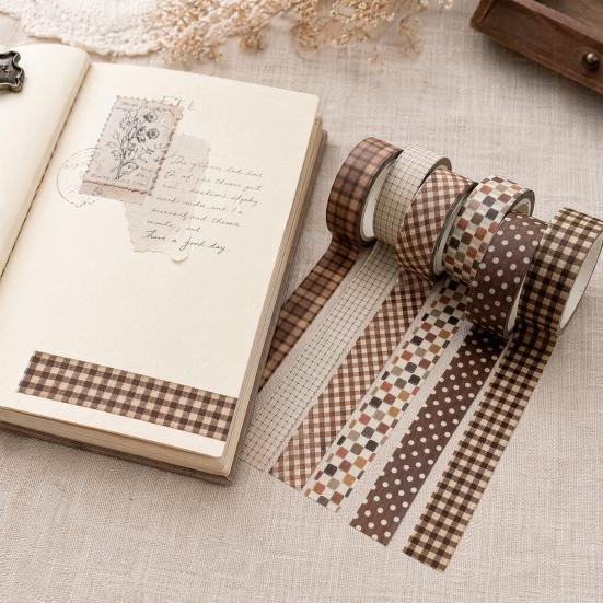 Office Desk Organization Tape 6 Rolls Plaid Washi Set, Grid Checkered Pattern Masking Tape, Self Literary Art Style Adhesive Decorative for
