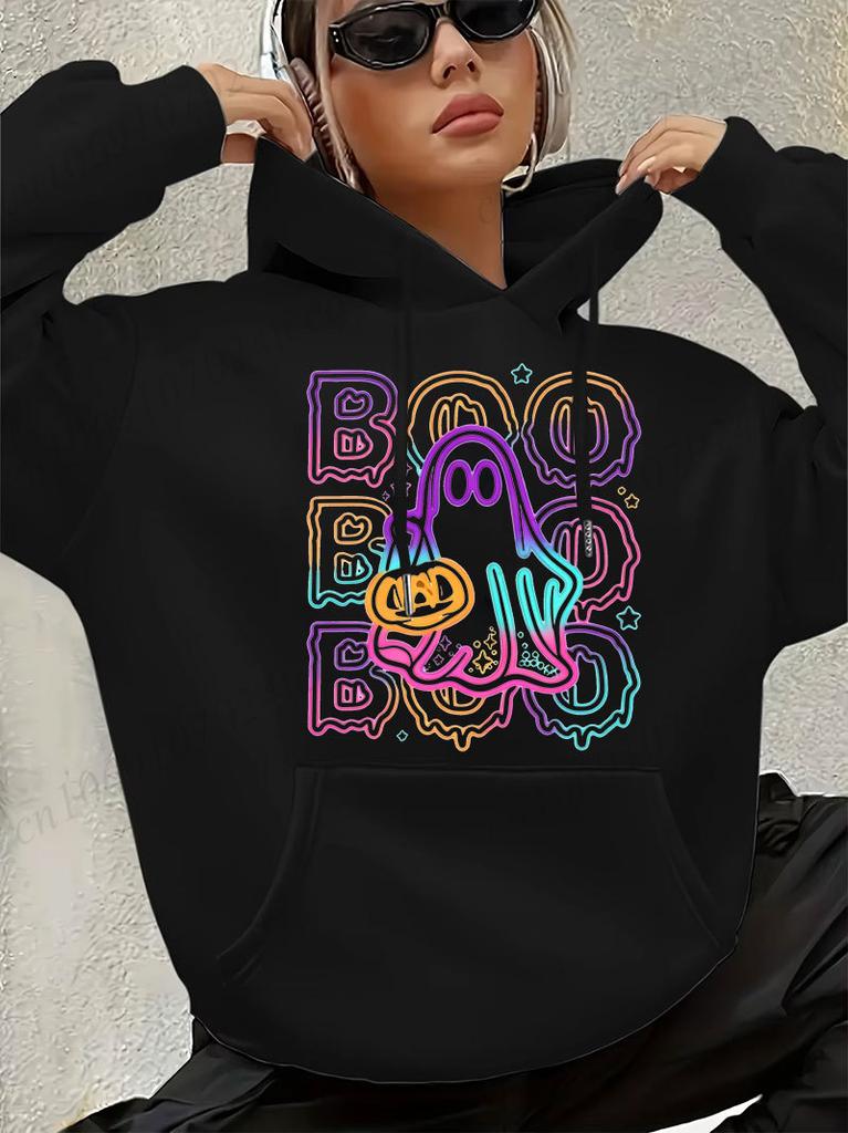 Pastel Halloween Rainbow Ghost Print Hoodie for Women THE BOO CREW Halloween Family Matching Outfits Pumpkin Graphic Sweatshirt